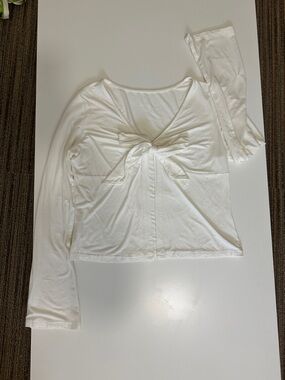 Women’s White Tie-Front Long Sleeve Top — Classic Knot Detail